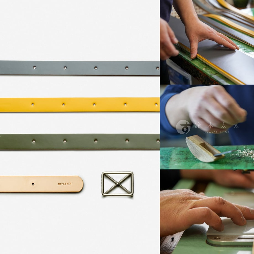 FABRIK 皮革斜背包的細節，包含不同顏色的皮革帶，以及品牌標誌和金屬配件。