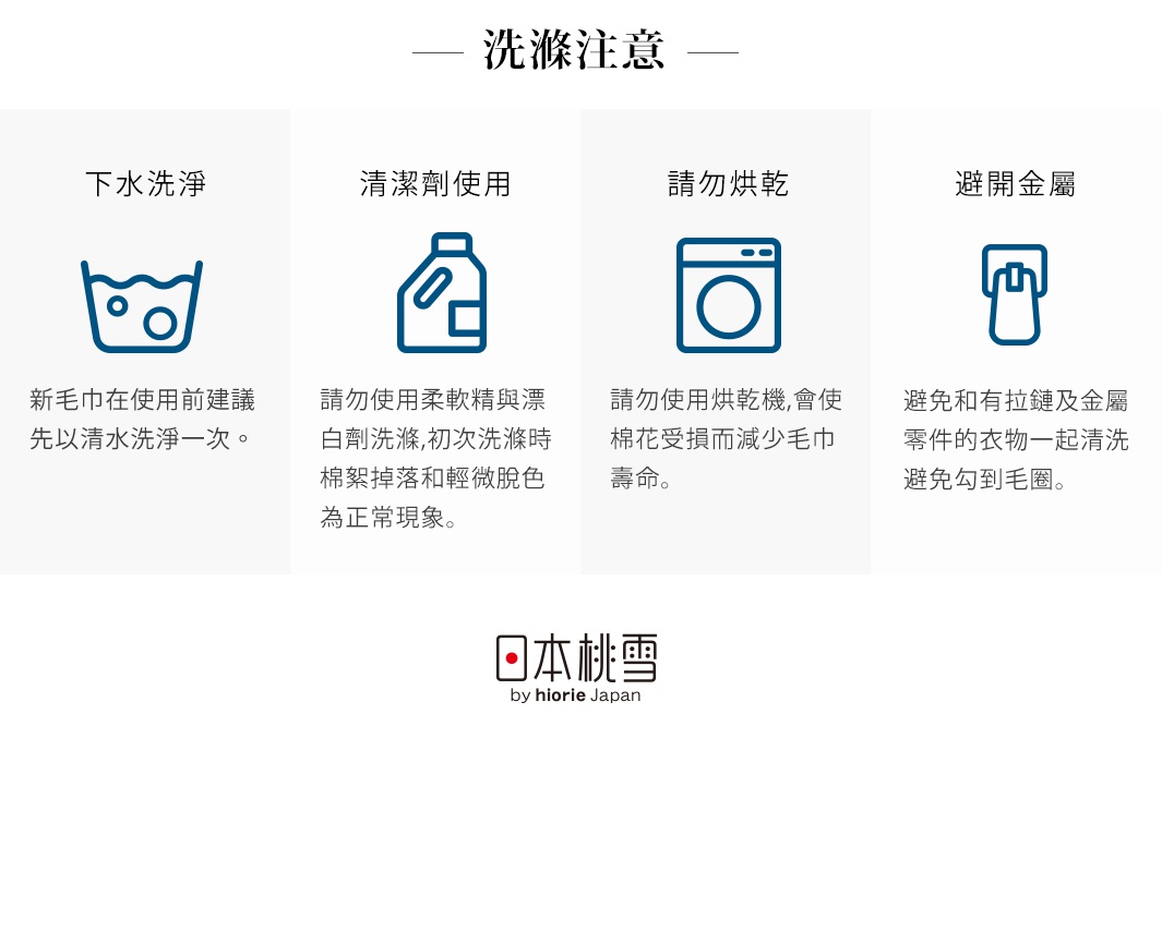 洗滌注意事項，包含下水洗滌、清潔劑使用、請勿烘乾、避開金屬四個區塊，每個區塊皆有對應圖示與文字說明，下方有「日本桃雪 by hiorie Japan」品牌 Logo。