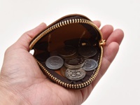 一只手掌中，一個棕色皮革製的三角飯糰造型零錢包，拉鍊已拉開，露出內部裝有數枚日圓硬幣。