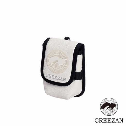 白色皮革高爾夫球收納腰包，黑色滾邊，正面有圓形品牌標誌和「CREEZAN」字樣，可用於掛在腰帶上。
