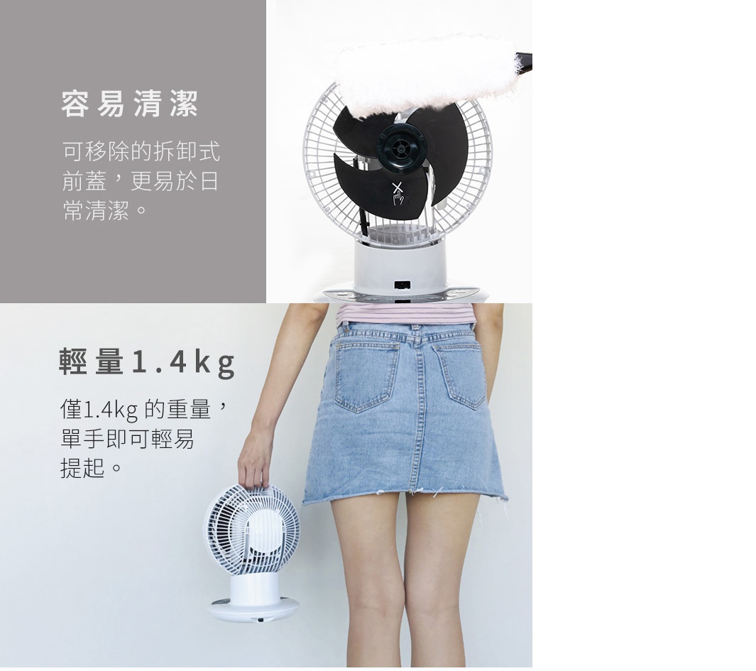 白色圓形空氣循環扇，配有黑色扇葉，頂部裝有白色清潔工具。下方展示一位女性手持該風扇。