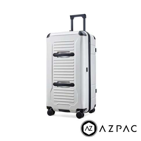 AZPAC Trucker 基本款 30吋白色旅行箱，具有防爆拉鍊，箱體表面有橫向條紋和兩個黑色提把，搭配黑色輪子和伸縮拉桿。