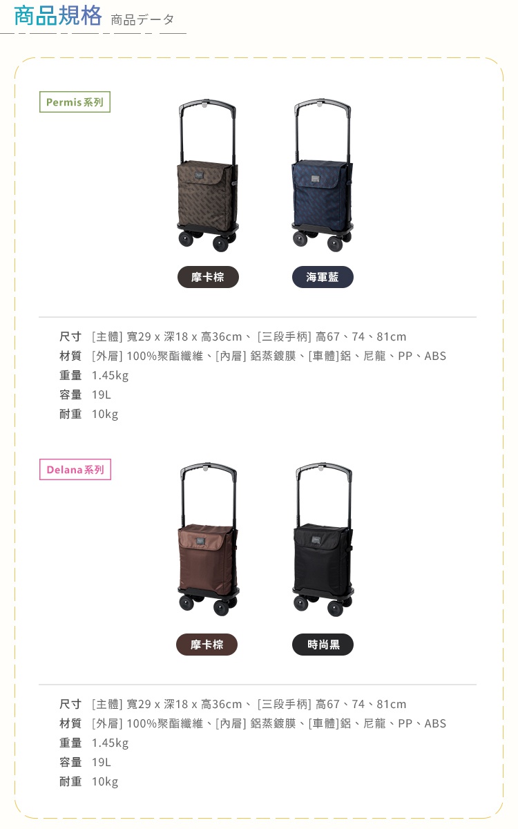 圖片文字：商品規格 商品數據 Permis系列 摩卡棕 海軍藍 尺寸 主體 寬29 x 深18 x 高36cm 三段手柄 高67、74、81cm 材質 外層 100%聚酯纖維 內層 鋁蒸鍍膜 車體 鋁、尼龍、PP、ABS 重量 1.45kg 容量 19L 耐重 10kg Delana系列 摩卡棕 時尚黑 尺寸 主體 寬29 x 深18 x 高36cm 三段手柄 高67、74、81cm 材質 外層