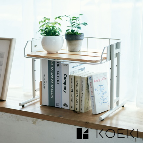 白色金屬框架搭配木質層板的雙層收納架，上方擺放兩盆綠色植物，下方層架則收納多本不同尺寸的書籍，整體呈現簡約自然的風格。