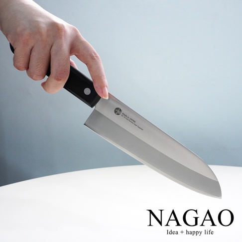 手持一把燕三條 VG-10 不鏽鋼三德刀，刀身銀色，刀柄黑色，刀刃閃亮，刀身刻有「Made in JAPAN」及「VG-10 Core Stainless Steel」字樣。