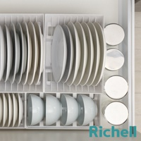 抽屜式餐碗收納架整齊擺放著白色盤子和碗，下方有三個圓形蓋子。