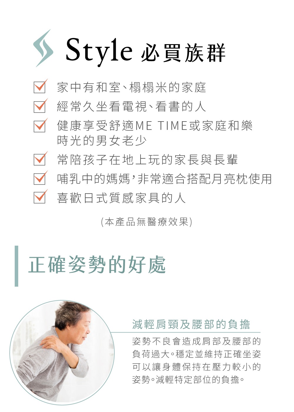 Dr. Chair Plus 舒適立腰調整椅(加高款) 產品介紹頁面，包含關於產品的標語、適用族群列表，以及一位長者扶著肩膀、顯示肩頸不適的插圖。