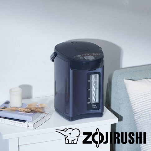 深藍色微電腦電熱水瓶，容量4.0L，帶有清晰的水位指示器和操作面板。