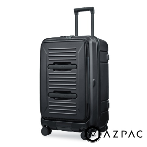 這是一張全黑色的AZPAC 26吋前開口行李箱商品照。行李箱呈現直立視角，正面設計有特殊的橫向凹槽紋理與兩個標有品牌名稱的飾板，頂部配置伸縮拉桿，底部配備多個滾輪，整體風格簡約現代，右下角印有AZPAC品牌標誌。