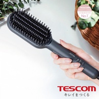TESCOM 負離子直髪造型梳，黑色，手持展示，帶有溫度設定按鈕和指示燈。