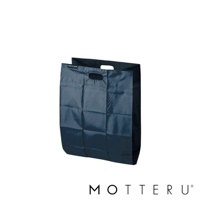 深藍色迷你摺疊環保袋，採用尼龍材質，表面有網格縫線設計，提把為長方形開口。