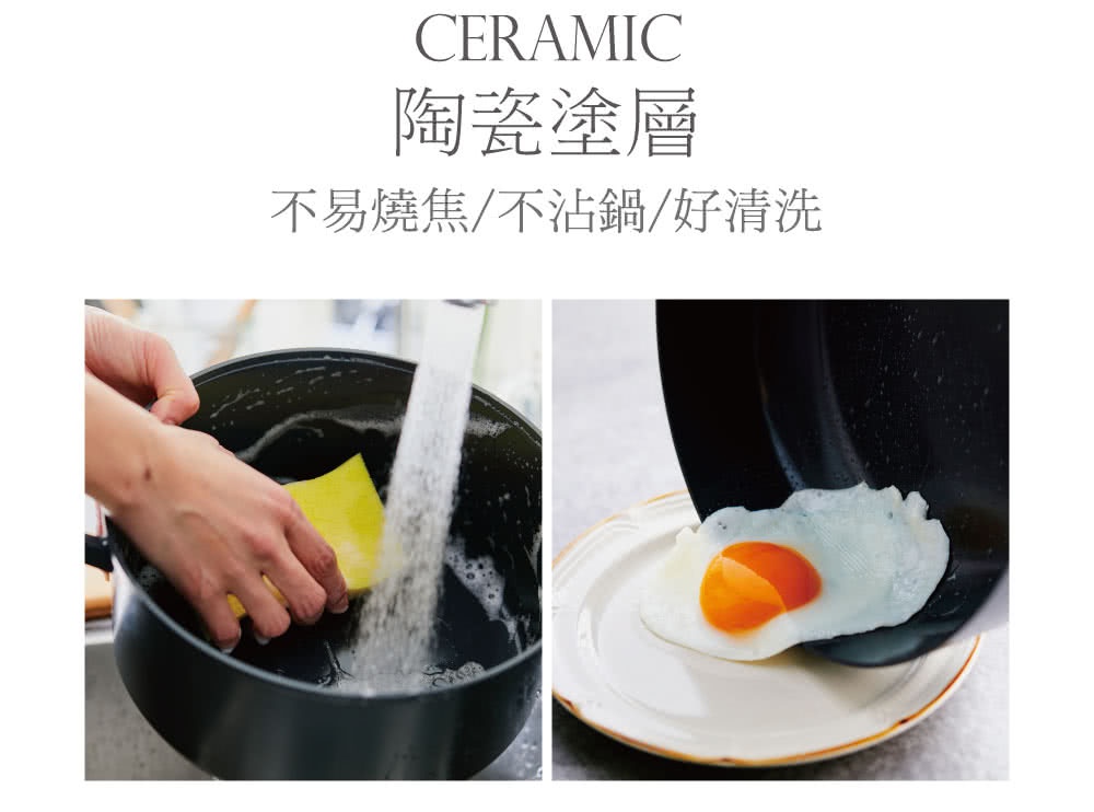 CERAMIC 陶瓷塗層，不易燒焦/不沾鍋/好清洗，展示清潔鍋具和煎蛋的畫面