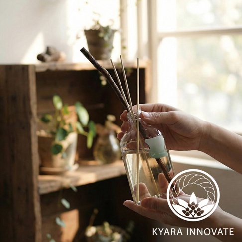 KYARA INNOVATE 擴香竹，使用者正手持玻璃瓶裝的擴香液，瓶中插入數根擴香棒，背景為置物架上的綠植與窗戶透進的陽光。
