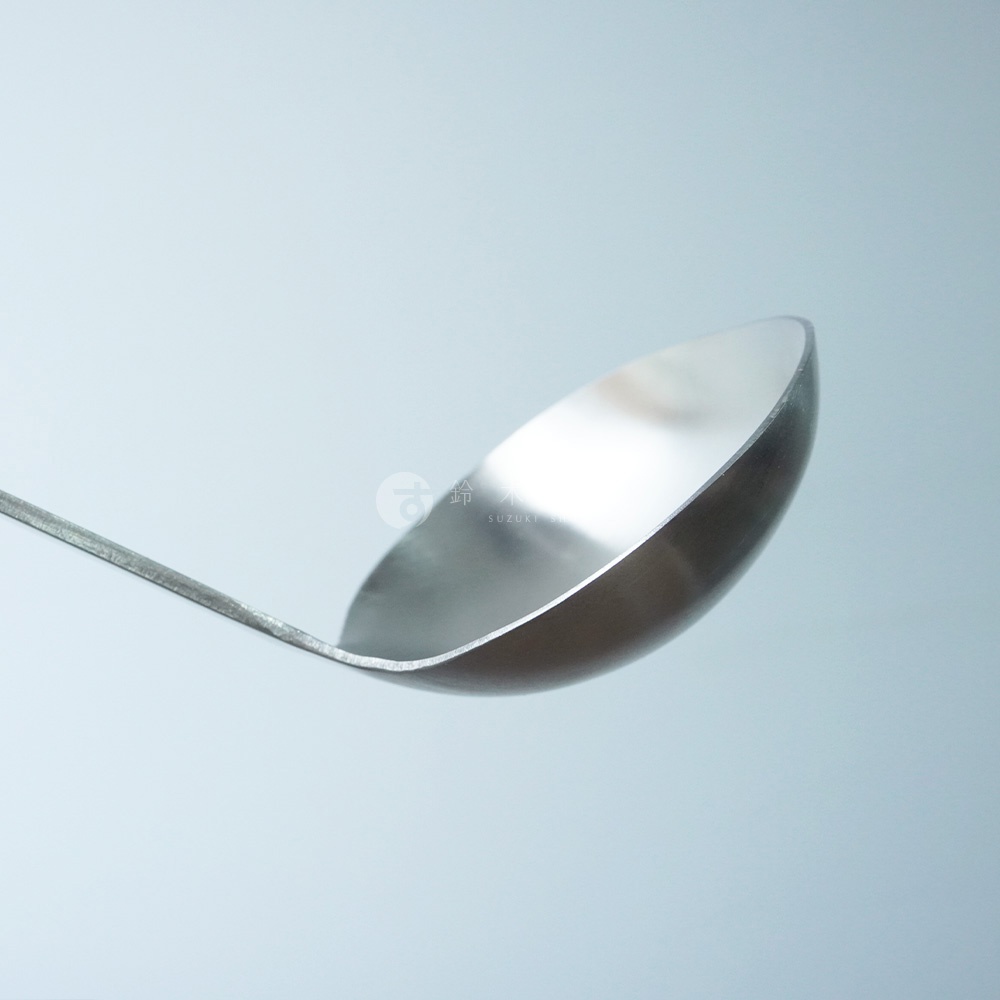 不鏽鋼萬用湯勺，勺身呈現銀色金屬光澤，勺柄細長，勺頭為圓弧形，材質為不鏽鋼。