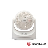 象牙白色IRIS OHYAMA PCF-MKM15 空氣循環扇，具有可調節角度的圓形扇頭，配有控制旋鈕，底座穩固。