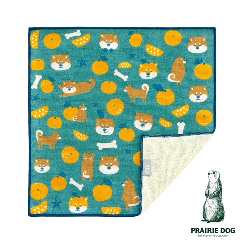 一塊綠松石色方巾，上面印滿了可愛的柴犬頭像、站立的柴犬、趴著的柴犬、橘色水果、骨頭和星星圖案。方巾的右下角翻起，露出米白色的毛巾材質。