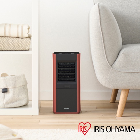 紅黑色直立式陶瓷電暖器，帶有黑色網狀出風口和底部黑色面板。