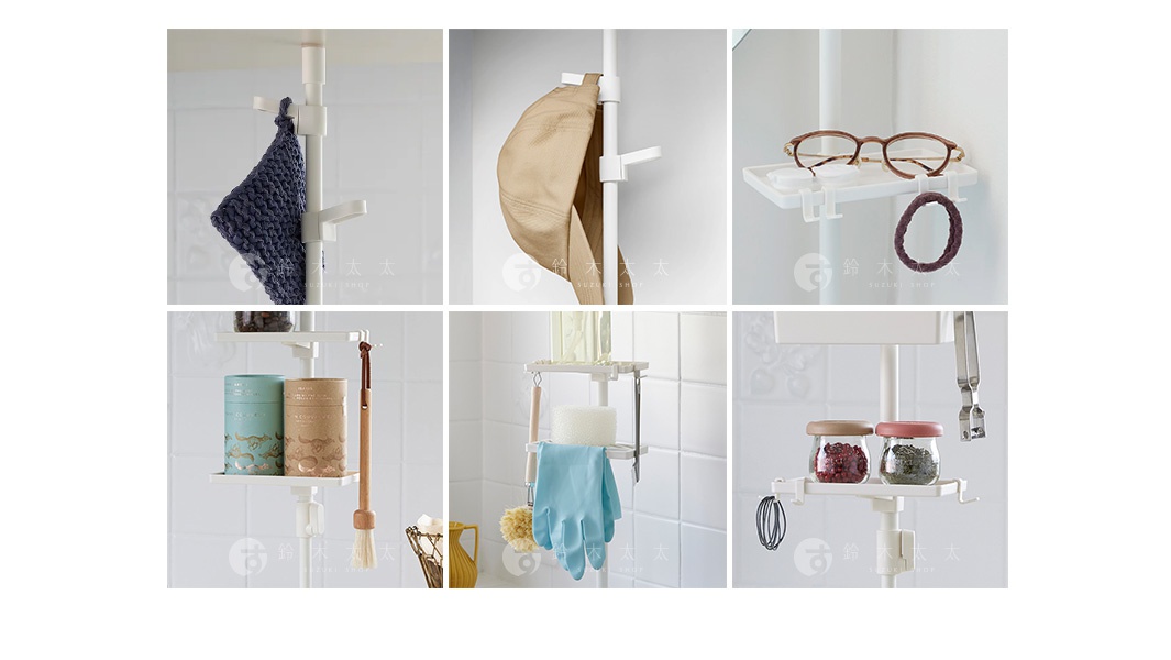 白色直撐款 tatecco TCA-5WH 專用掛勾配件，展示掛放毛巾、帽子、眼鏡、髮圈、收納罐、清潔手套及刷子等多元用途。