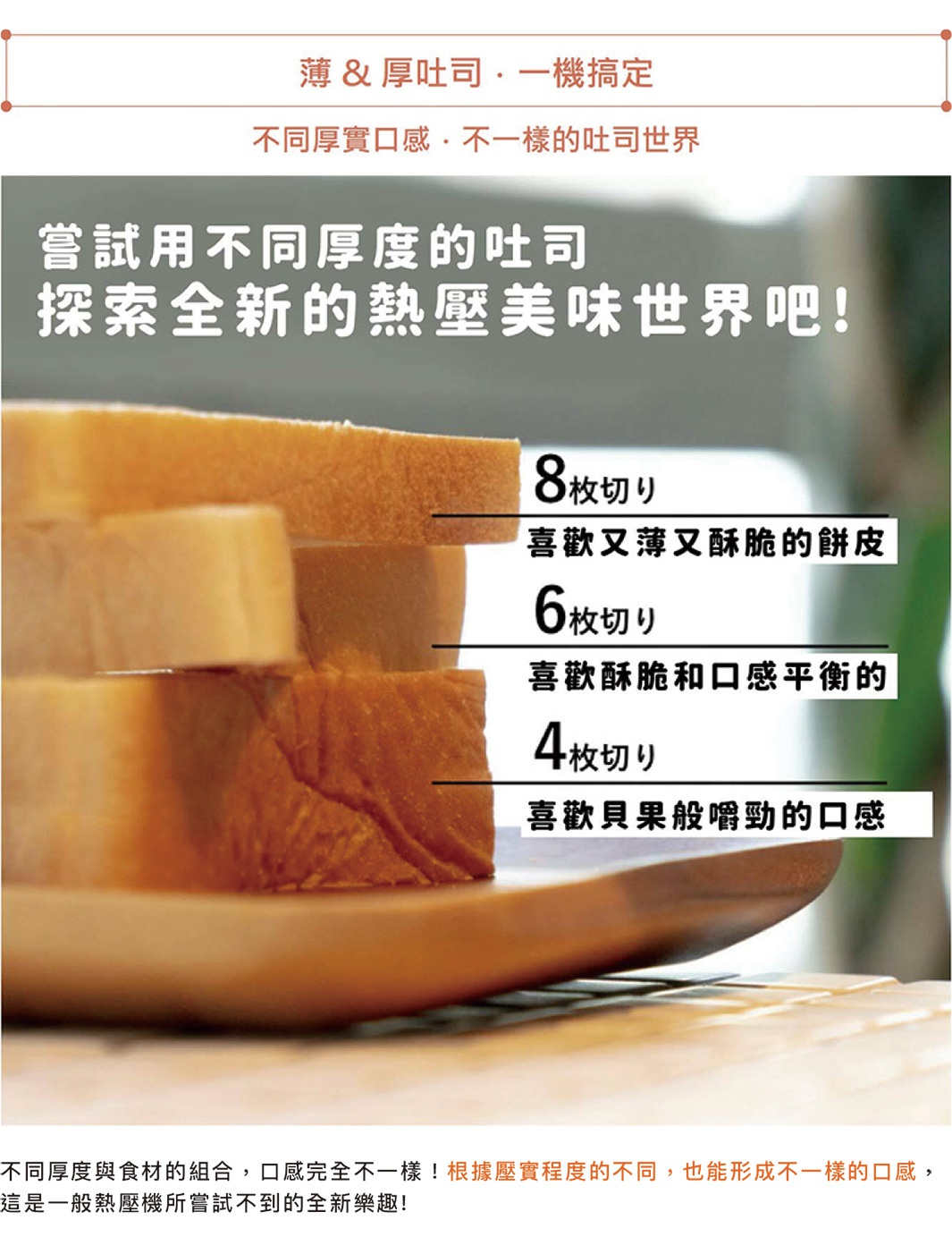 切片吐司，厚度從上至下分別為8、6、4枚切，呈現不同層次和質地，背景為淺色。