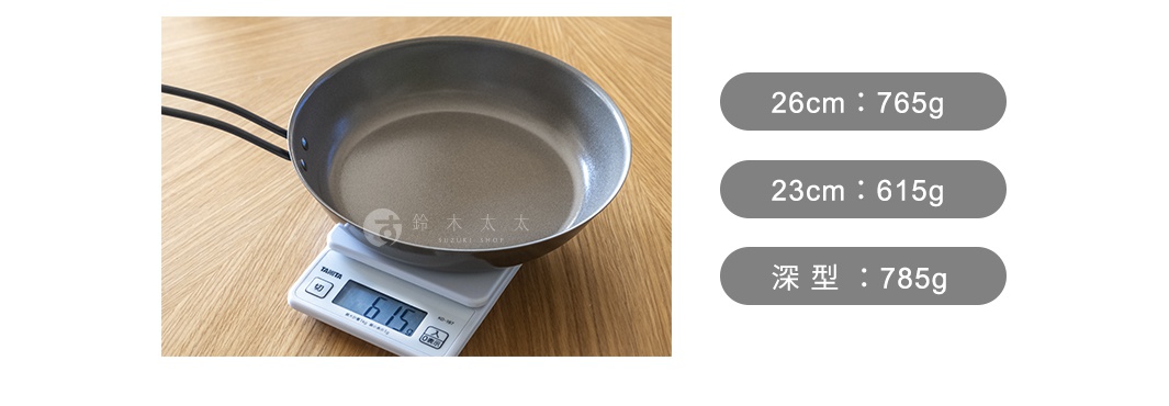 一個鐵製平底鍋放置在數位電子秤上，顯示重量為 615 公克，旁邊列出三種規格的重量資訊，分別為 26 公分平底鍋 765 公克、23 公分平底鍋 615 公克以及深型款式 785 公克。