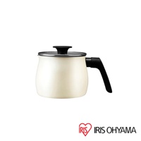 奶油色鑽石不沾單柄小湯鍋，鍋身圓潤，配有黑色隔熱手柄和黑色蓋子，鍋蓋中央有黑色提鈕。