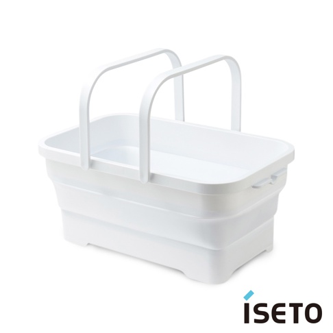 白色可伸縮提籃，採用堅固的塑料材質製成，帶有兩個可折疊的提把，適合收納與攜帶物品。