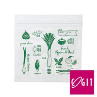 透明密封保鮮袋，印有綠色線條圖案，包含生薑、青蔥、大蒜、韭蔥、羅勒、柚子、洋蔥、南瓜等香辛料與蔬菜，以及「fresh Spice & Herb」、「Month / Day」等字樣。