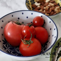 陶瓷湯碗內盛有數顆紅番茄，碗身外側飾有藍色圓點及花紋。