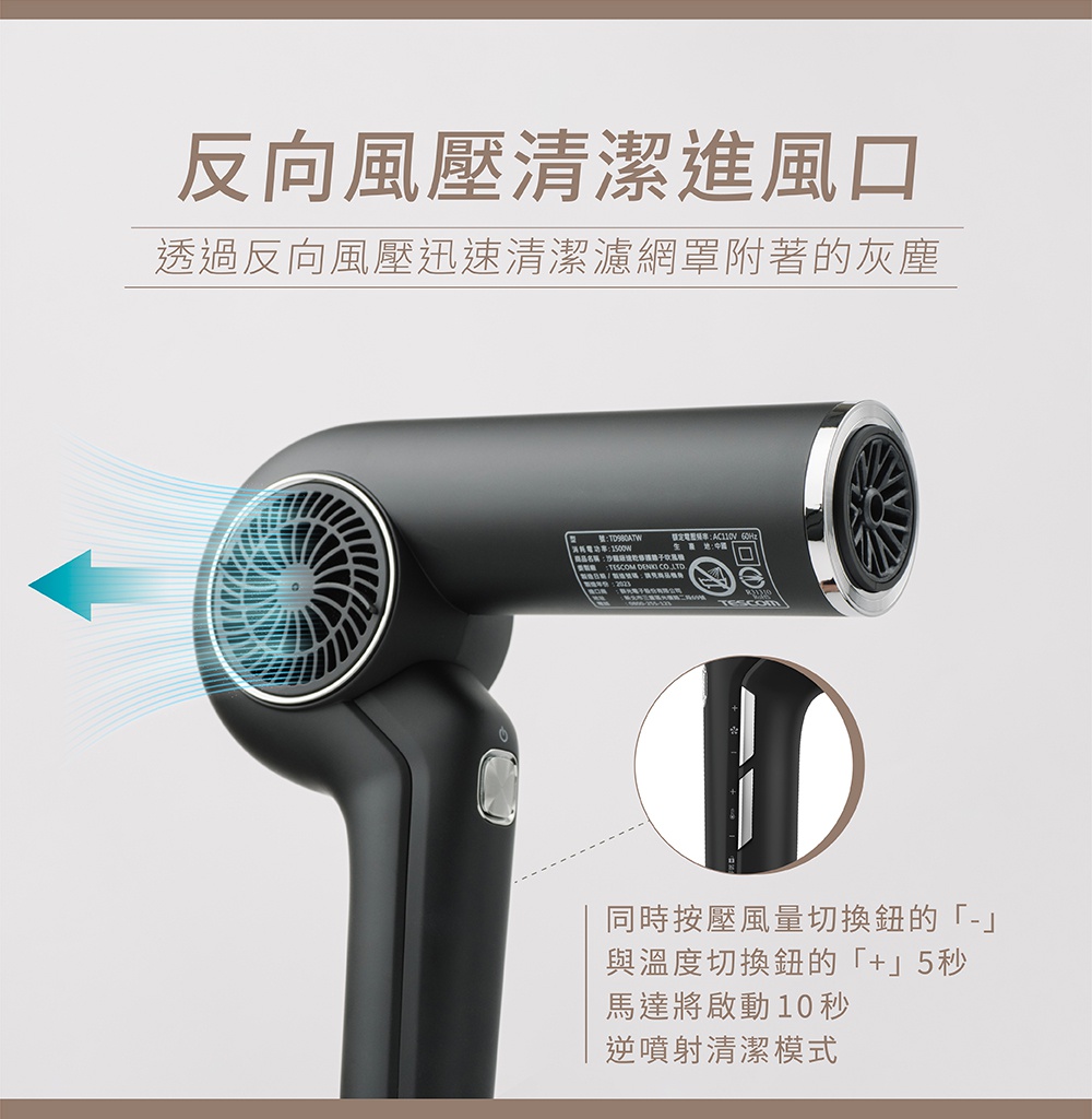 黑色離子吹風機，機身有進風口和出風口，並標示有產品資訊。側面顯示了同時按下風量和溫度切換鈕可啟動的清潔模式。