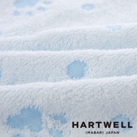 今治純棉點點紗布毛巾，淺藍色底布搭配藍色點點圖案，材質柔軟，布料有明顯的紋理和褶皺。