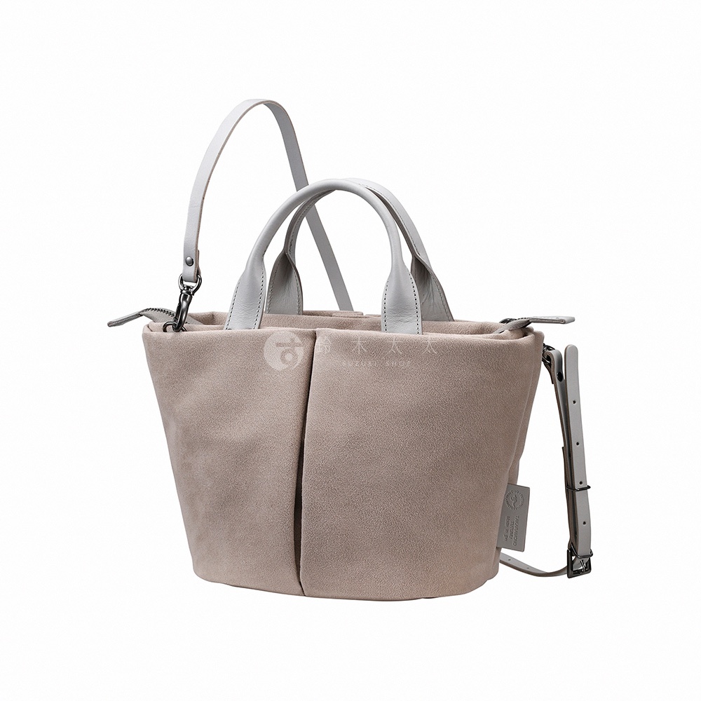 TUTUMU Suede Marche petit 淺米色兩用小托特包，配有可拆卸肩帶和米白色皮革提把。