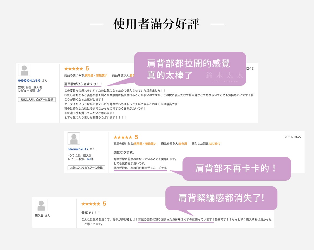 王樣の舒背拉伸枕，淡紫色枕身，用於舒緩肩背部緊繃感。