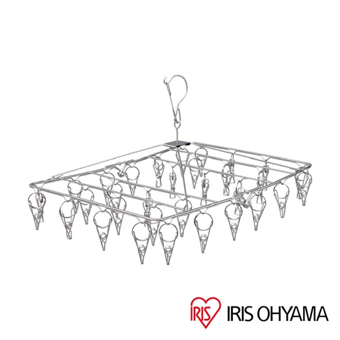 銀色不鏽鋼材質的方形曬衣架，懸掛著32個透明塑膠夾子，頂部有掛鉤。