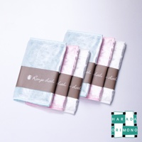 淺藍色、粉紅色和白色共六條絨面布，每三條為一組，用深褐色紙帶包裹，紙帶上印有白色文字和茶壺圖案。