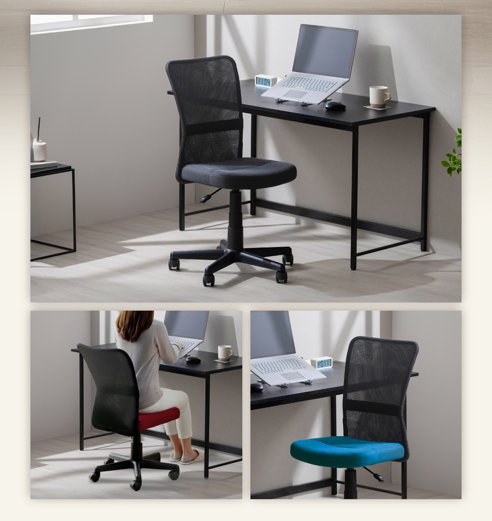 圖片包含三張子圖，展示了不同顏色的網布辦公椅和黑色書桌。第一張子圖顯示一張黑色網布辦公椅和一個黑色書桌，書桌上有一台筆記型電腦和馬克杯。第二張子圖顯示一位女士坐在黑色的網布辦公椅上，椅墊是紅色的，她正使用桌上的筆記型電腦。第三張子圖顯示一張綠松石色網布辦公椅，椅墊是綠松石色的，旁邊是黑色書桌，書桌上有一台筆記型電腦。