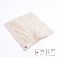 米色今治鬆餅方巾，織有格子紋理，一側有條紋裝飾，角落有品牌標籤。