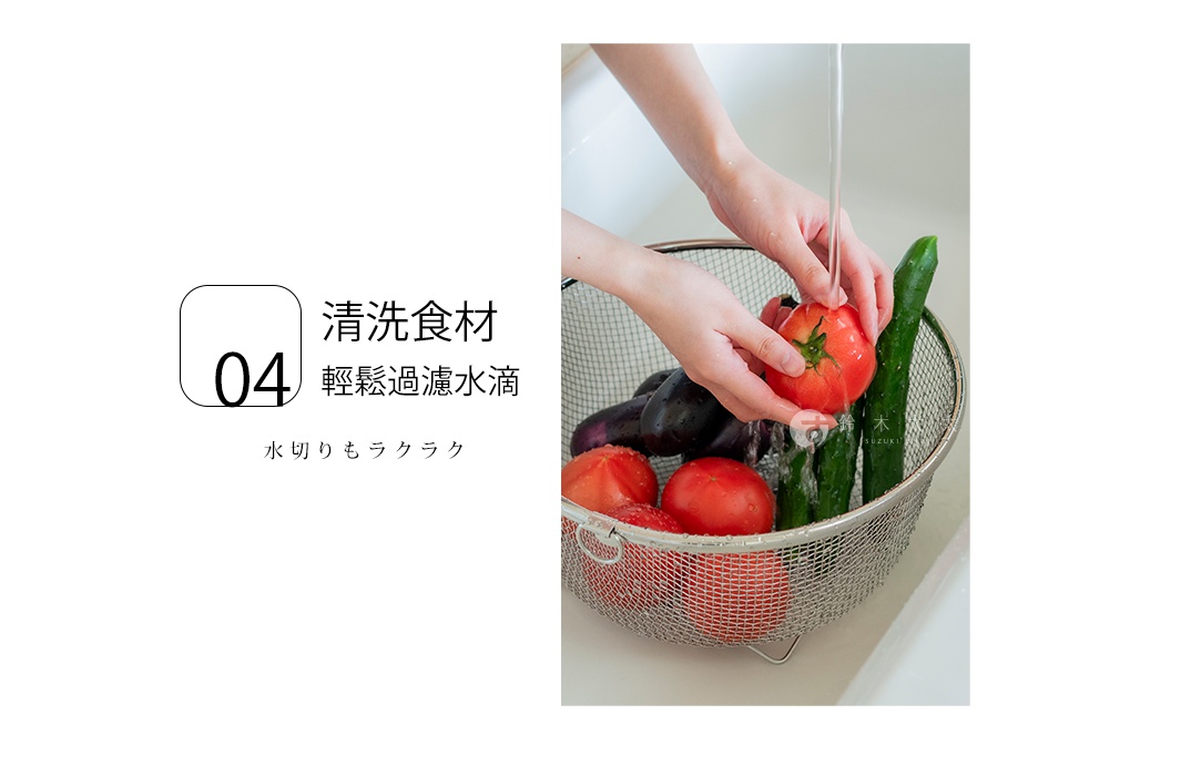 不鏽鋼圓型簡約瀝水籃，網狀結構，籃內裝有番茄、茄子和黃瓜，有水流沖洗。