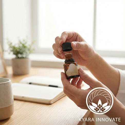 KYARA INNOVATE 品牌標誌與「Focus」字樣的小瓶精油，雙手正準備滴入精油。