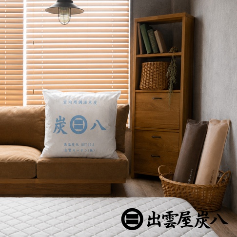 客廳一角擺放著一包大型出雲屋炭八室內調濕木炭，包裝上印有炭八文字與規格說明，旁邊放置木製層架與藤編籃，籃中裝有長條型除臭木炭包，地面鋪設白色格紋軟墊，整體呈現簡約溫馨的居家除濕與淨化空間氛圍。