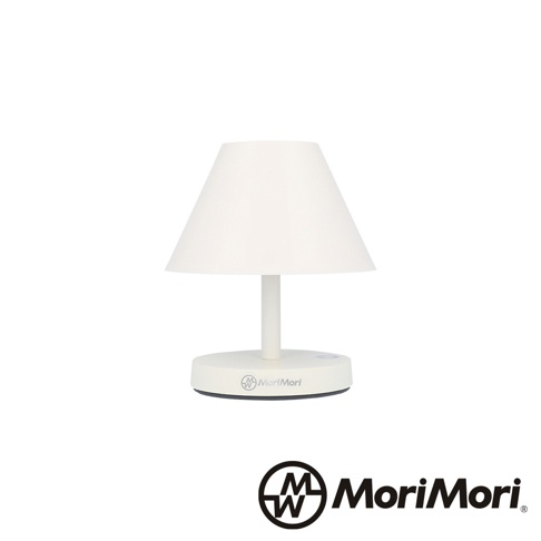 白色傘型 LED 桌燈，帶有圓形底座和圓柱形燈桿，燈罩和底座均為白色，底座上有 MoriMori 標誌。