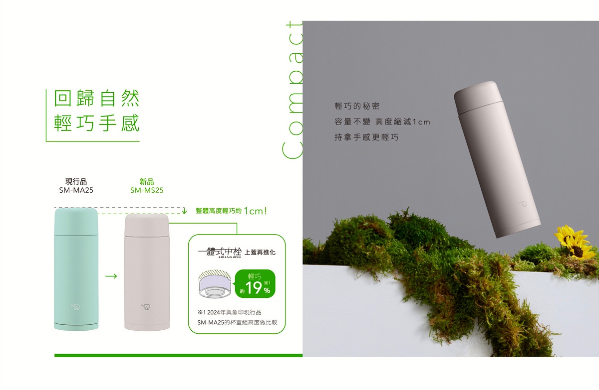 0.35L不鏽鋼一體式中栓旋蓋式真空保溫保冷杯，現有 SM-MA25 薄荷綠與 SM-MS25 淺灰兩色，杯身材質為不鏽鋼。