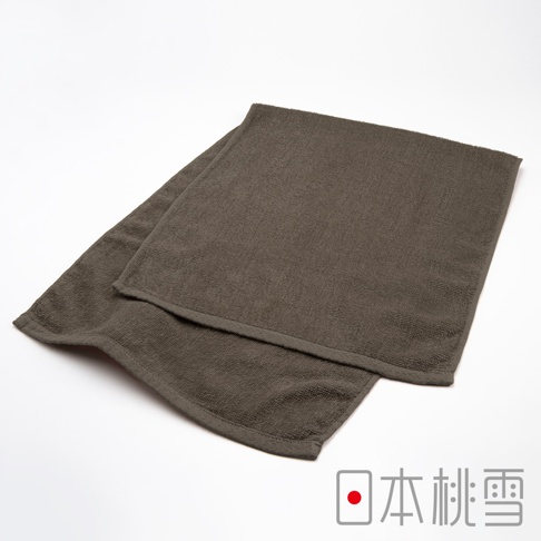 一條深棕色運動綁頭毛巾，材質為毛巾布，質地柔軟，邊緣有縫線。