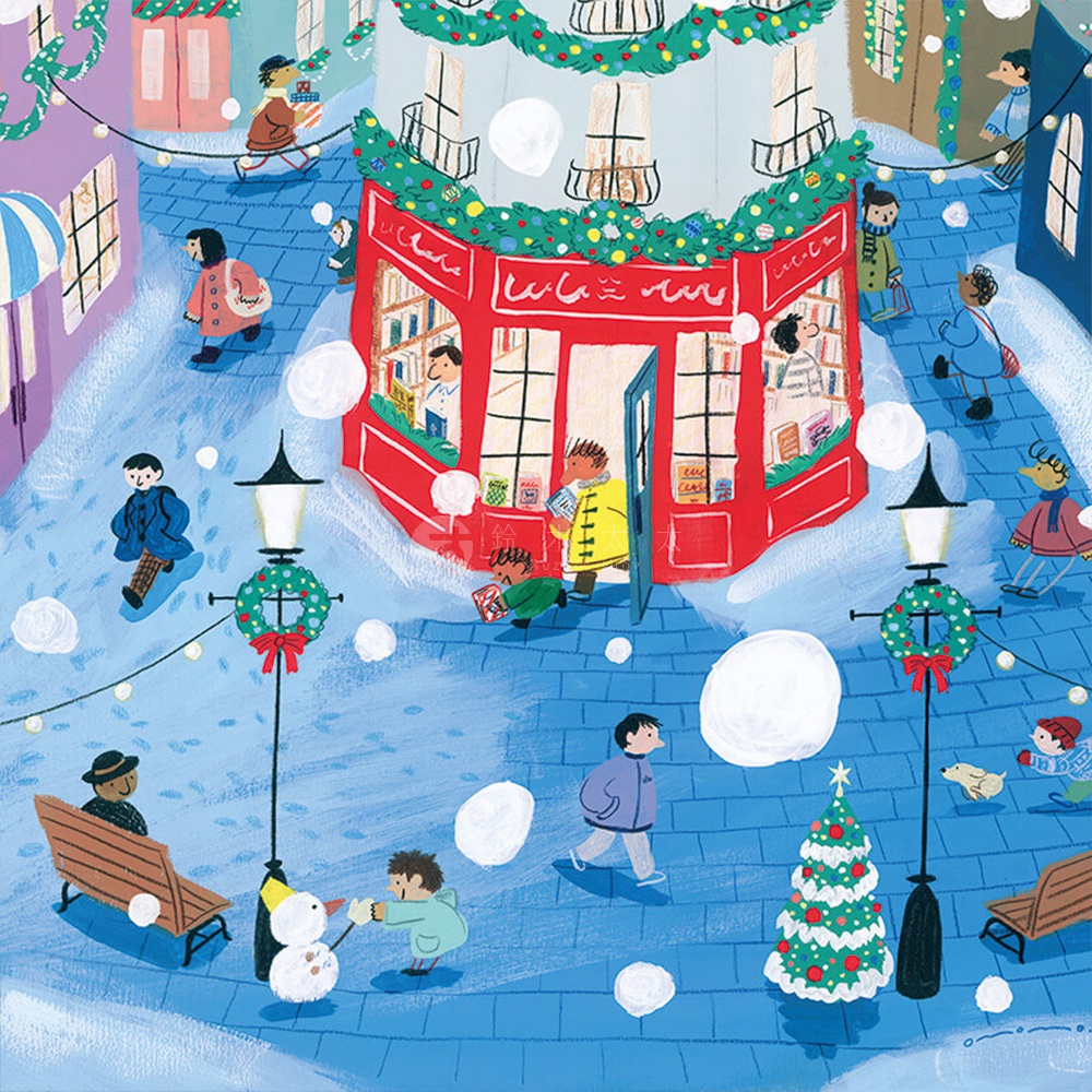 描繪聖誕節雪景，一間紅色書店坐落於街道中央，周圍有行人、聖誕樹、路燈與聖誕花圈，整體色調以藍色、紅色、綠色為主，風格為插畫。