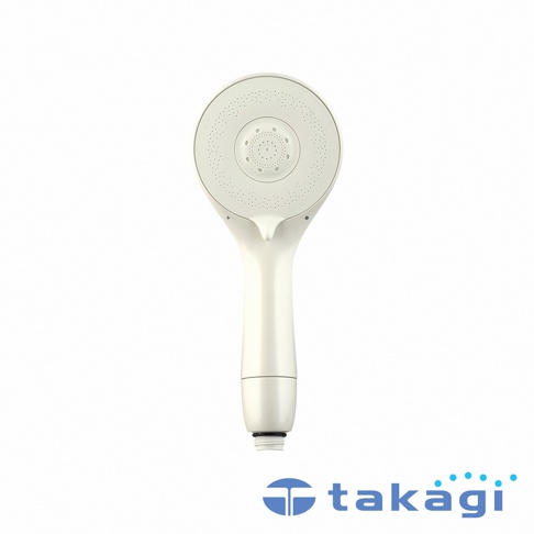 這是一款 takagi KIREIST 真淨水蓮蓬頭，整體呈現簡約的奶油白色調，採用垂直俯視角度拍攝。蓮蓬頭圓形噴水盤上排列著細密的出水孔，中央設計有圓形功能區，手把處設有切換功能的撥桿，下方標示著細緻的圖示，底部的螺紋接口處裝有黑色墊圈。