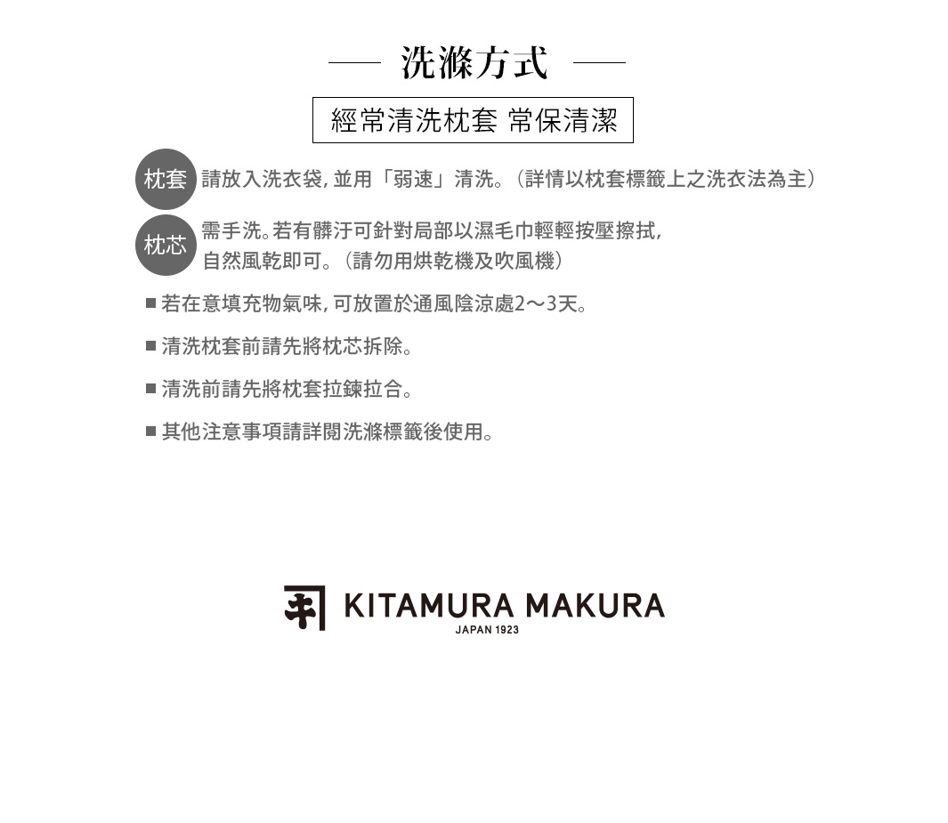 洗滌方式說明，包含枕套與枕芯的清潔建議，以及晾曬與注意事項，並有品牌Logo。