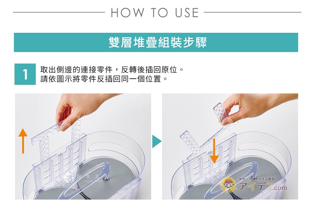 雙層堆疊組裝步驟
① 取出側邊的連接零件，反轉後插回原位。
 請依圖示將零件反插回同一個位置。