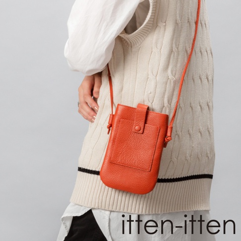 itten-itten 義大利皮革散步手機包，橘色，可斜背
