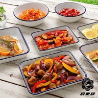 琺瑯調理盤盛有各式料理，包括香煎雞肉佐柳橙片、燉煮蔬菜、烤肉綜合蔬菜以及切片檸檬。