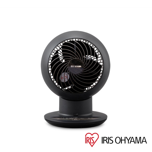 黑色圓形機身搭配深棕色木紋風扇葉，底座為黑色，設有觸控面板。