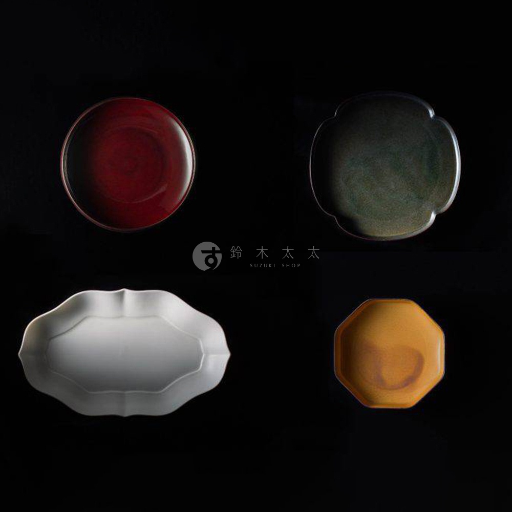 四款美濃燒陶瓷盤，包含：深紅色圓盤、綠色花形盤、白色波浪邊長盤、琥珀色八角盤。